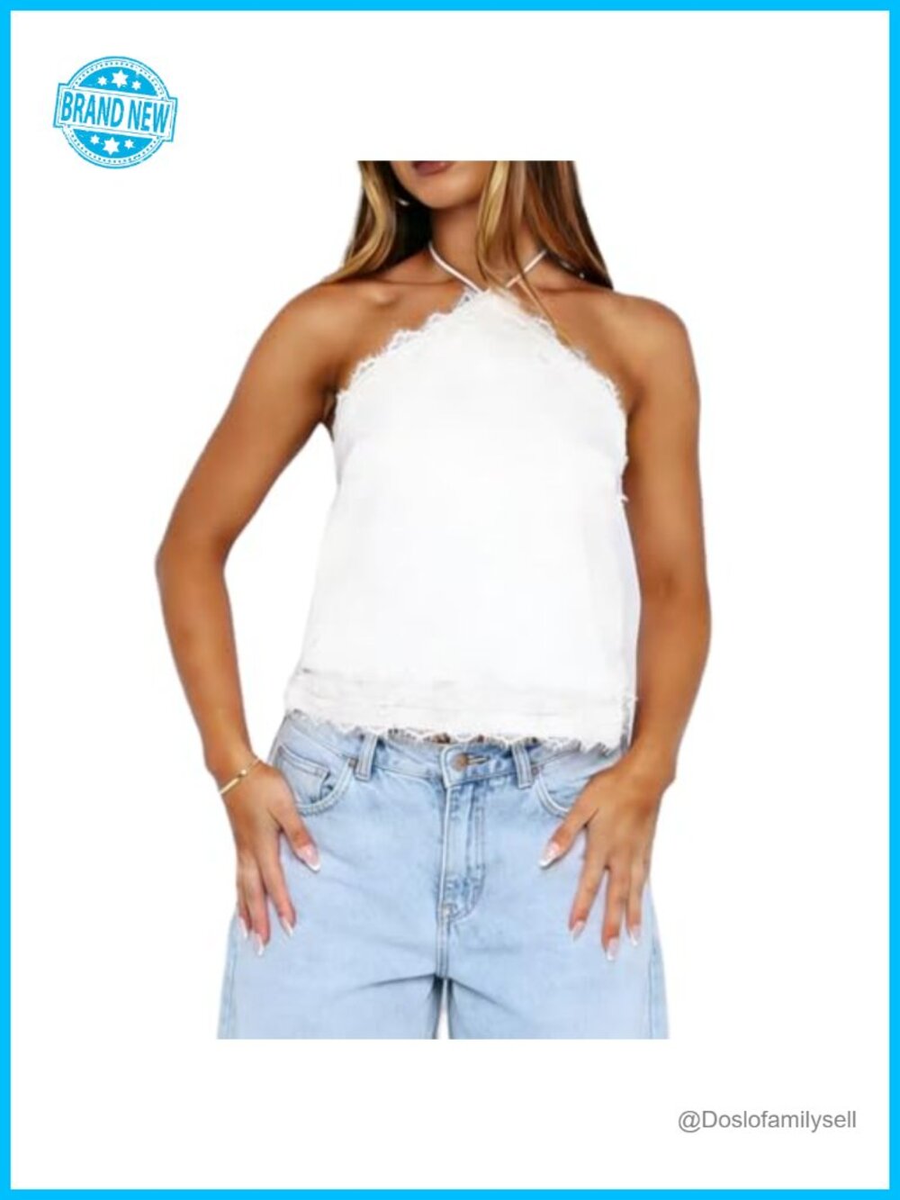 Women Halter Y2K Crop Top Sleeveless Lace Trim Open Back Coquette Solid Color